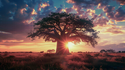 一本の大きなバオバブの木がドラマチックなシルエットを映し出す夕暮れ時の大自然 - obrazy, fototapety, plakaty