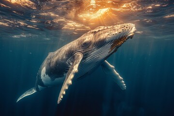 A magnificent humpback whale is captured navigating with effortless grace under a golden-hued ocean surface - obrazy, fototapety, plakaty