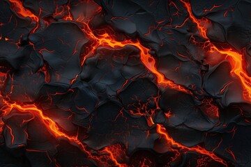 Glowing Molten Lava Flowing During a Nighttime Volcanic Eruption - obrazy, fototapety, plakaty