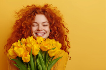 Naklejka premium Gleeful redhead woman with lush curls closes eyes in bliss, hugging generous bunch of bright yellow tulips against a monochrome background.