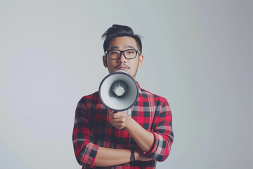 Asian guy wearing a plaid shirt man holding megaphone announces discounts sale, man shouting through a megaphone - obrazy, fototapety, plakaty