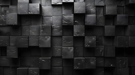 This image displays an intricate arrangement of black textured cubes forming a geometric abstract pattern