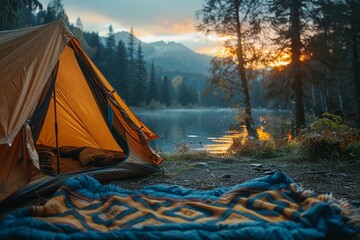 Warm and cozy camping setup by a lake during the dusky light of sunset with a beautiful blanket - Powered by Adobe
