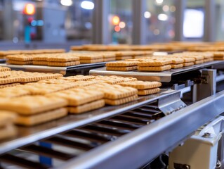 Close-up of biscuits on a modern automated production conveyor belt at a food factory