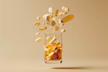 Various pills and supplements spilling from glass - An assortment of pills, capsules, and supplements spilling out of a clear glass on a beige backdrop
