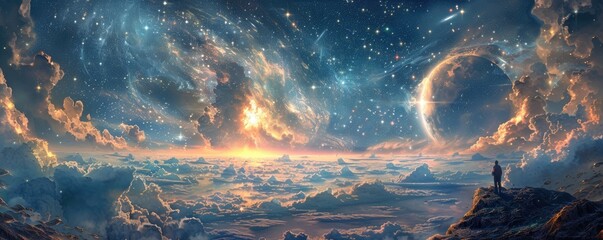 Vast celestial cloudscape with a time portal - A breathtaking cloudscape with a cosmic time portal amidst the stars and galaxies offering a sense of exploration and discovery - obrazy, fototapety, plakaty