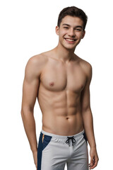 Fototapeta premium Young man in swimming trunks, smiling and looking at the camera, isolated, transparent background, no background. PNG.