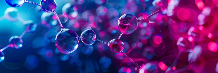Fotobehang Leuchtende 3D Moleküle. Mikroskopische Aufnahme funkelnden Kugeln. © shokokoart