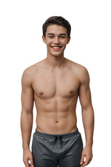 Fototapeta premium Young man in swimming trunks, smiling and looking at the camera, isolated, transparent background, no background. PNG.