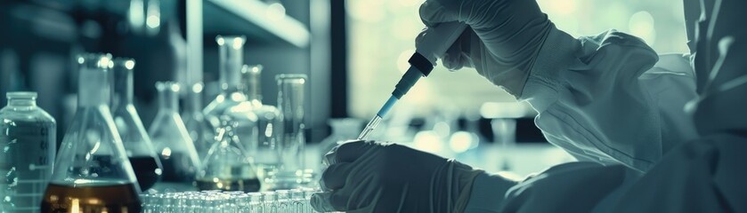 Scientist pipetting liquid in laboratory - A professional scientist is shown handling a pipette and a test tube, focusing on the precision and concentration required in scientific research