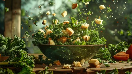 Dynamic kale salad toss in rustic kitchen setting - Fresh kale being tossed with croutons and tomatoes, set against a rustic kitchen background