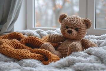 Adorable hand-crocheted teddy bear resting on a plush blanket, perfect for comforting and nursery themes