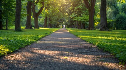 Tranquil Walk: A Scenic Footpath Surrounded by Trees in the Park