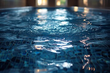 Detailed shot of water surface in an indoors jacuzzi with light playing on the ripples, conveying luxury - obrazy, fototapety, plakaty