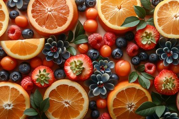 A captivating top view of assorted colorful fruits expertly arranged into an artistic and appealing...