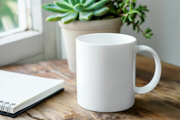 Mug mockup, Coffee mug mockup in table, White mug branding Mockup in the wooden table with cactus pot and notebook