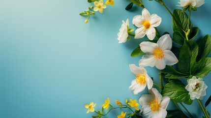 Spring-themed background featuring vibrant flowers on a calming blue backdrop. - obrazy, fototapety, plakaty