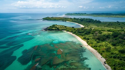 Aerial View of Island With Sandy Beach - obrazy, fototapety, plakaty