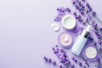 Naklejka premium Cosmetic products and lavender flowers on lilac background, flat lay. Space for text.