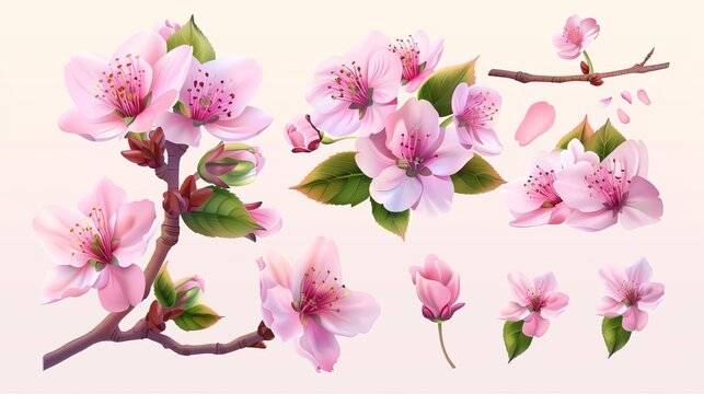 A group of realistic spring sakura cherry blossom flowers. Pink petals and blossoms, branches and leaves are included in this vector set.