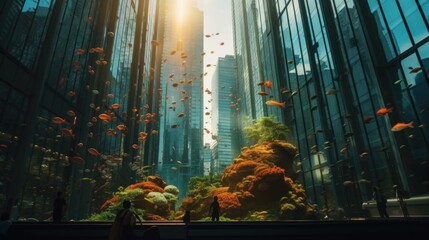 An aquarium as a giant skyscraper in a modern city - obrazy, fototapety, plakaty