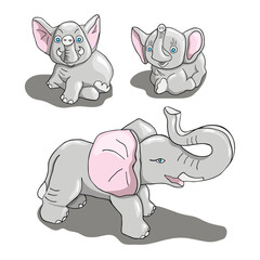 Set of three cartoon vector elephants of different sizes. Cute animal illustration