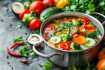 Various fresh vegetables in a pot - colorful fresh clear spring soup. Space for text.