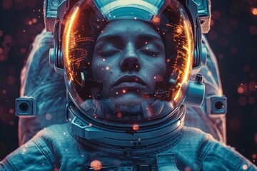 Tranquil astronaut with a reflective orange visor appearing to be asleep in space suit - obrazy, fototapety, plakaty