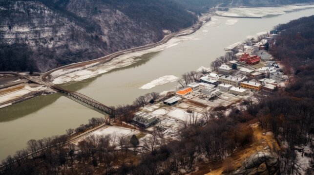 An aerial view of Harpers Ferry, West Virginia on a cold January afternoon. AI generated