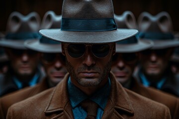 A stylized man dressed in a fedora and trench coat poses in a mirrored corridor with reflections - obrazy, fototapety, plakaty