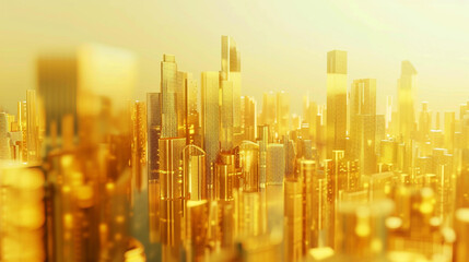 3D model of a golden metropolis with many skyscrapers. The reflection of the nearest building can be seen on the surface of the building.
