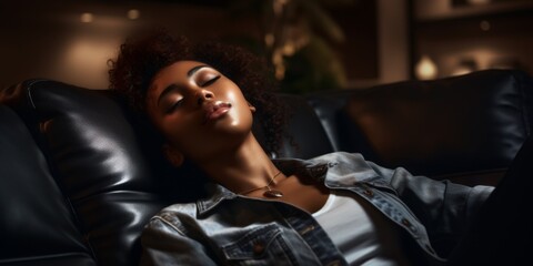 Fototapeta na wymiar woman falls asleep on the sofa Generative AI
