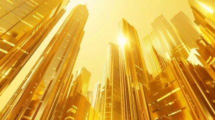  3D model of a golden metropolis with many skyscrapers. The reflection of the nearest building can be seen on the surface of the building. © Aisyaqilumar