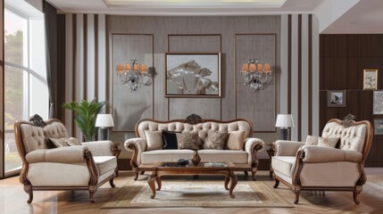 luxury classic style living room furniture design, 3d render, 3d illustration