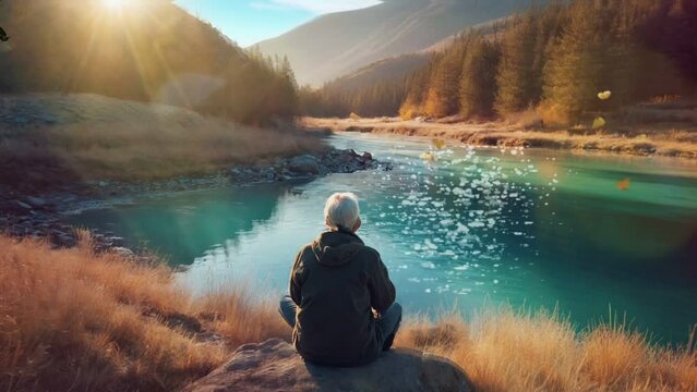 looking alone beautiful nature landscape,mountain and lake with river flow pass grassland, video HD