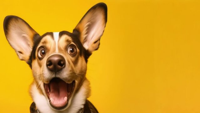 portrait of shocked dog, unexpected gift, surprise, discounts, copy space for text, plain background. banner
