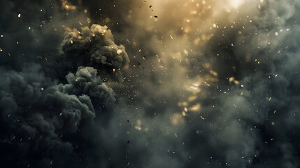 Abstract illustration of smoke clouds, fire sparks, stones fragments, flying up embers, burning cinder from explosion or natural disaster. Military banner with copy space. Concept for war games, ads