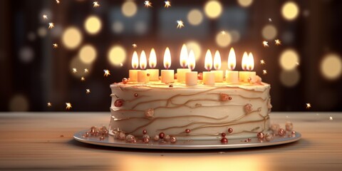 cake with candles close-up on a blurred background Generative AI - obrazy, fototapety, plakaty
