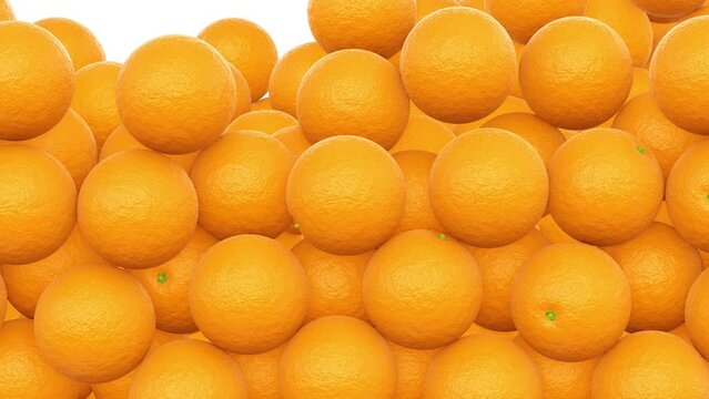 Realistic 3D animation of the fresh ripe oranges falling from the top filling up the volume rendered in UHD with alpha matte