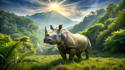 Zelfklevend Fotobehang Majestic Rhino in Sunlit Green Habitat  © MeMosz