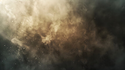 Obraz premium Abstract illustration of smoke clouds, fire sparks, stones fragments, flying up embers, burning cinder from explosion or natural disaster. Military banner with copy space. Concept for war games, ads