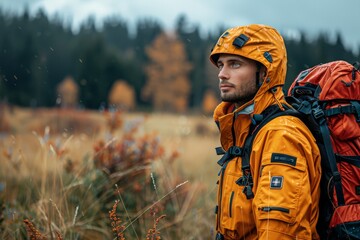 A thoughtful hiker wearing bright yellow rain gear outdoors in an autumnal landscape