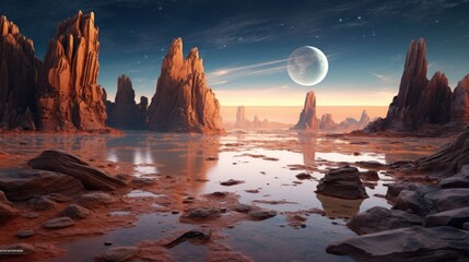 alien landscape with lake, rock formations, moons and stars created - obrazy, fototapety, plakaty