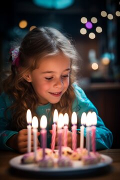 girl and birthday cake with candles Generative AI