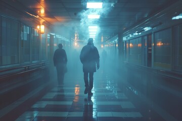 A solitary figure walks into the mist of a dimly lit corridor, creating an air of mystery and solitude in this cinematic shot