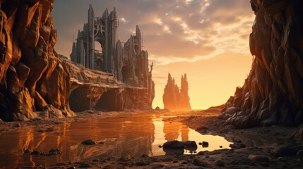 Alien City Ruins by Ocean under Twin Suns AI generated