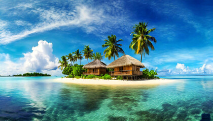 Small tropical island with huts and palm trees surrounded by blue sea water, in the background a...
