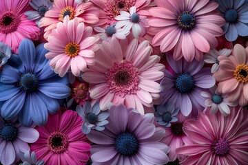 The image features a close view of gerberas in pink, purple, and blue hue, invoking a peaceful yet joyous emotion