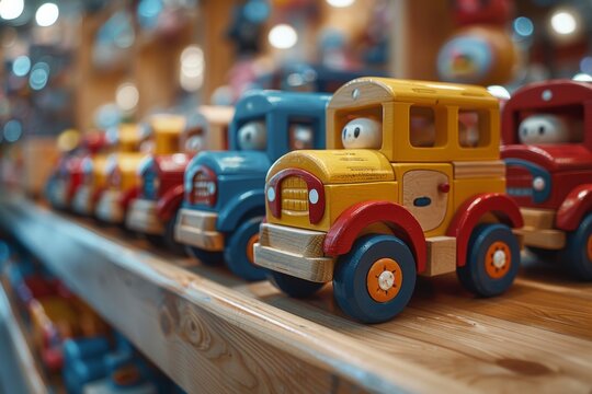 Row of bright, handcrafted toy trucks lined up on a shelf, showcasing craftsmanship and vibrant colors