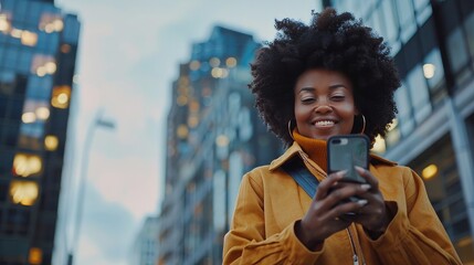 Close up shot of optimistic Afro American woman holds mobile phone being addicted to modern - obrazy, fototapety, plakaty